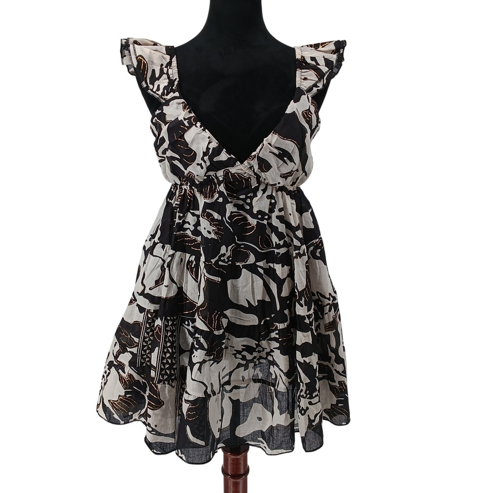 Nazila Couture sz XS/S Silk Viscose Mini Dress Black White Smocked Tiered NEW